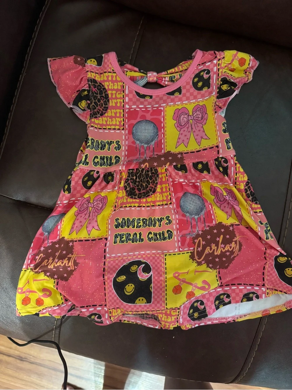 Kids Pink and Yellow Printed Flutter Sleeve Dress bamboo